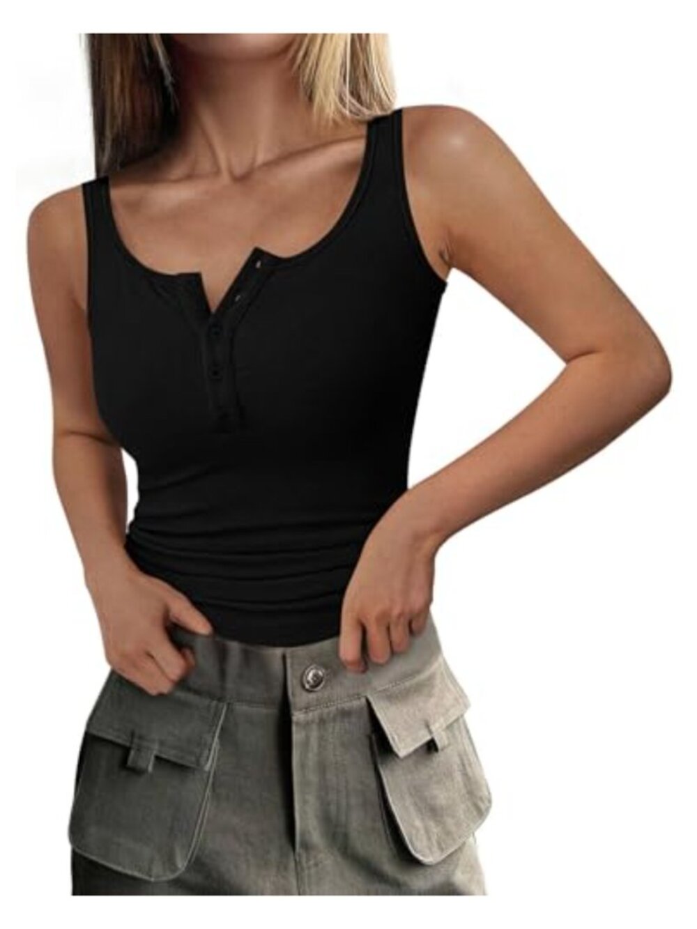 Womens Sleeveless Henley Tank Top with Button Accents Stretchable Knit